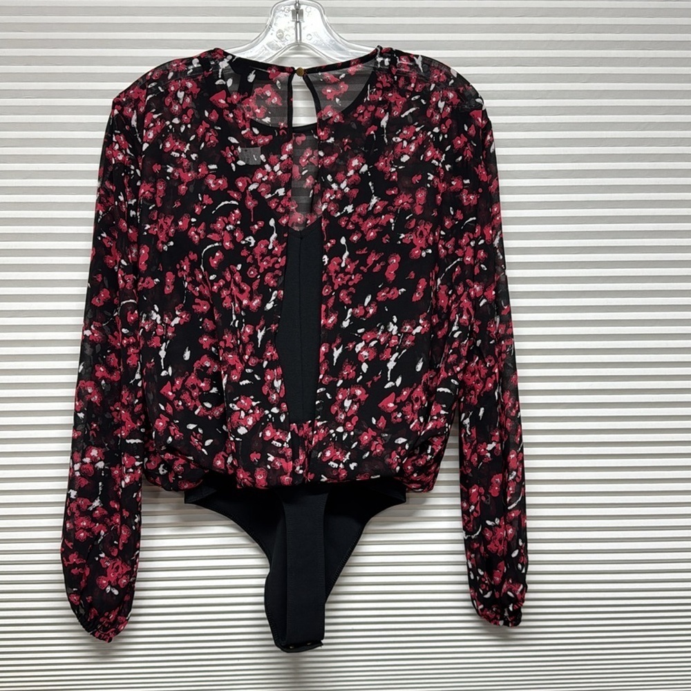 Banana Republic NWT Black Red Floral Balloon Sheer Sleeve Thong Bodysuit - Picture 7 of 12